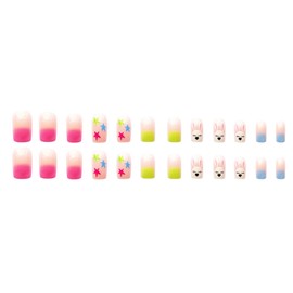 Gradient Neon Press on Nails Square Glue on Nails Glossy Full Cover Acrylic Easter False Nails with Rabbit Star Designs Colourful Ombre Artificial Fake Nails with Glue Stick on Fingernails for Women