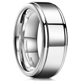 King Will 8mm Silver Mens Tungsten Carbide Wedding Rings High Polish Finish Surface Step Edge Polished Inner Wedding Band for Men Women 7