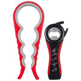 WOLMIK Bottle Openers - 2 PCS Easy Jar Bottle Opener Kit, 5 in 1 Jar Opener & 4 in 1 Bottle Opener Kit, Multi-Functional Can Openers, Simple to Use for Elderly and Children - Red and Black