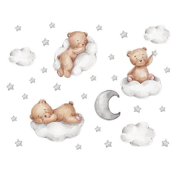 Bear Wall Stickers Wall Stickers for Children Bedroom Wall Sticker for Children Wall Sticker with Bear Clouds Stars and Moon Wall Stickers Animals for Nursery Children's Bedrooms