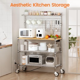 Leteuke Bakers Rack with Power Outlet & Storage, 36 Inch Microwave Stand Coffee Bar, 4-Tier Metal Kitchen Shelves Cart with Wheels & 20 S-Hooks for Kitchen, NSF Certified, 63 x 18 x 36 Inch, Chrome