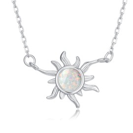 PARYFO Sun Chain 925 Sterling Silver Opal Chain Pendant Chain White Opal Sun Pendant Necklace Sun Jewellery for Women Girls Gifts, Sterling Silver, Opal