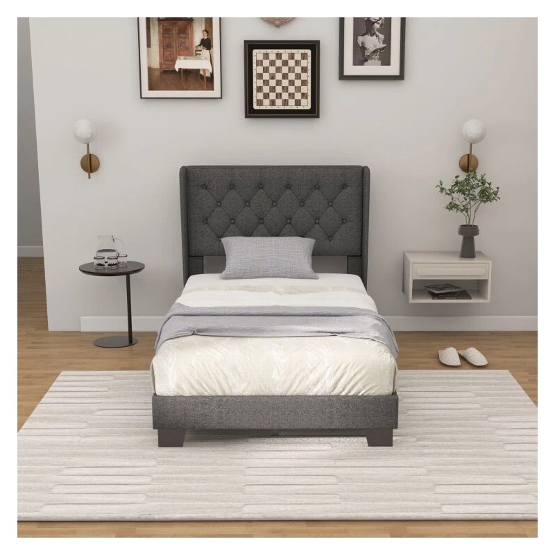 COSTWAY Twin Size Modern Upholstered Headboard Bed Frame With Button