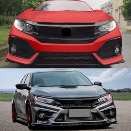 IKON MOTORSPORTS, Front Grille Compatible With 2016-2021 Honda Civic FK8, Type R Type-R Style Gloss Black Mesh Grill Guards Hood ABS Plastic, 2017 2018 2019 2020