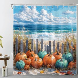 LB Tropical Fall Shower Curtain Blue Orange Pumpkin Coastal Beach Ocean Shower Curtains for Bathroom Decorative Waterproof Washable Fabric with 12pcs Hooks,72x72 inches