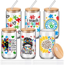 SiliFine 6 Pcs Autism Mom Gifts Tumbler 16 oz Autism Awareness Glass Cups with Lids and Straws Can Shape Autistic Iced Coffee Cup for Autistic Mom Teacher
