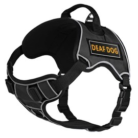 Dogline Quest No-Pull Dog Harness with 3D Rubber Deaf Dog Removable Patches Reflective Soft Comfortable Dog Vest with Quick Release Dual Buckles Black Hardware and Handle 36 to 45 inches Black