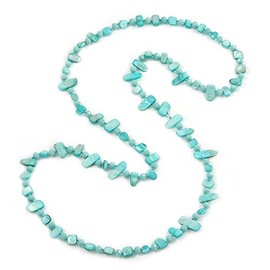 Avalaya Mint Blue Shell Nuggets/Glass Crystal Bead Long Necklace/120cm L