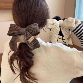 Bow Hair Scrunchies Hair Ties for Women Wool bow plush large intestine hair ring (Khaki, One size)