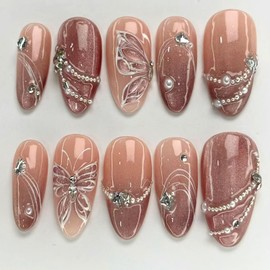 24Pcs Press on Nails Medium Almond Tip 3D Gradient Butterfly with Glitter Pearl Rhinestones Unique Glossy Stick on Nails Full Cover Reusable Coffin Artificial Acrylic Fingernails for Women Manicure