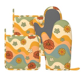 70s Groovy Cute Vintage Flower Floral Oven Mitts and Pot Holders Set of 4 Silicone Heat Resistant Oven Mitten Potholders Non Slip Gloves Kitchen Decor for BBQ Cooking Grilling Baking