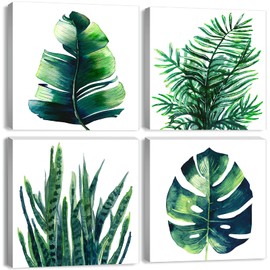 YOOOAHU Green Leaf Wall Art Room Decor Bathroom Bedroom Home Decoration Watercolor Painting Pictures Framed Canvas Prints Boho Tropical Plant Leaves Monstera Botanical White Set of 4 Pcs 8 × 8 Inch
