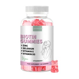 Biotin High Dose 10,000 mcg Gummy Bears Strawberry Flavour - Biotin Complex + Zinc + Selenium for Hair Growth, Skin & Nails - Hair Vitamins with Vitamin E & D3 - Vegan, Gluten Free, 60 Units