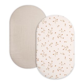 Bassinet Sheet for Baby Boy and Girl 2 Pack, Fitted Sheets for Rectangle, Oval, Hourglass Bassinet Mattress, Muslin Moses Basket Sheets with Neutral Style(Gentle Branches & Beige)