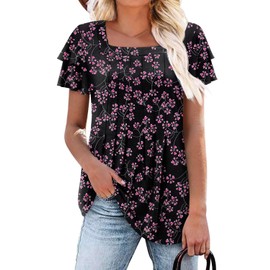 Magritta Women Casual Shirts Trendy Summer Beach Short Sleeve Pleated T-Shirts Soft Comfy Flowy Hem Slim Square Neck Print Tunic Blouse Purple Stamen 3XL