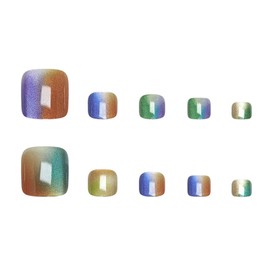 Cat Eye Press on Toenails Short Square Fake Toe Nails Rainbow Ombre Acrylic Toenails Candy Gel Full Cover False Toe Nails with Glossy Glue on Artificial Nail for Women 24Pcs