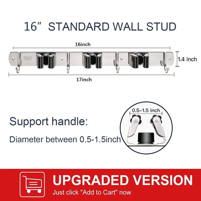 IMILLET 2 Pack Broom and Mop Holder Wall Mounted, Stainless