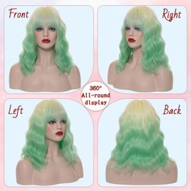 WGPFWIG Short Yellow Ombre Green Wig Short Curly Wavy Wig For Women With Bangs 14 Inch Shoulder Length Flat Bangs Wig For Women Cosplay Party Halloween Wig Cap (Yellow Ombre Green)