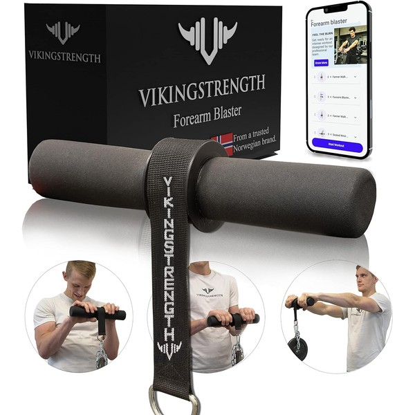 Vikingstrength Forearm Blaster- Thick Handle Forearm strengthener exercise equipment. Thick Wrist Roller for Muscle building and Injury prevention Hand Grip Strength + V-Strength Workout App