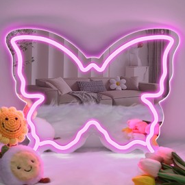 Butterfly Neon Signs Mirror, Dimmable LED Neon Lights for Wall Decor, 15.7'' x 12'' Neon Sign Mirror for Teen Girls & Kids Birthday Party Gift, Neon Light for Bedroom & Room Decoration (Pink)