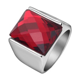 HIJONES Men's Stainless Steel Vintage Manly Square Diamond Cut Crystal Gemstone Ring High Polished Silver Red Size Y