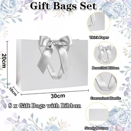 Gift Bags Set, White Gift Bags with Ribbon Gift Bags with Handles White Gift Bags with Silver Ribbon 8pcs 30x20x10cm Gift Bags for Christmas Birthday Wedding Anniversary