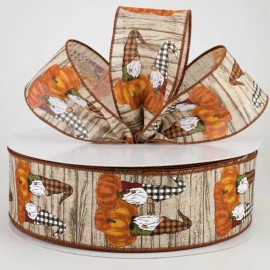 2.5" wired ribbon fall gnomes pumpkins brown birch bark print canvas 5 yds