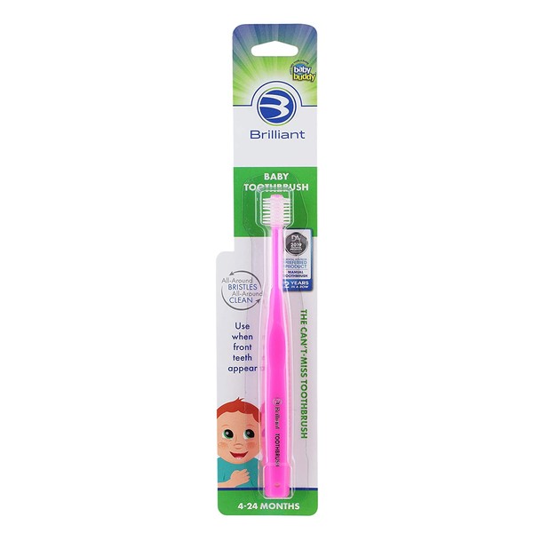 Brilliant Baby Toothbrush by Baby Buddy - for Ages 4-24 Months, Micro Bristles Clean All-Around Mouth, Kids Love Them, Pink, 1 Count