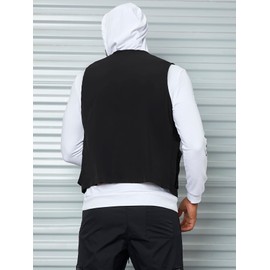 Verdusa Men's Sleeveless Letter Patched Buckle Zipper Flap Pocket Steampunk Cargo Vest Jacket Dark Black XL