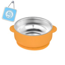 OKAY ORANGE 1 Pack Stainless Steel Toddler Suction Bowls for Baby Plates, 2-in-1 SUS304 Toddlers Bowl & Removable Silicone Suction Kids Bowl for Cereal | Snack | Anti-Scald Non-Toxic Suction Bowls