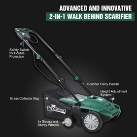 Electric Garden Scarifier and Dethatcher 2-in-1-13" Width, 12 Amp Motor, with 31.7QT Collection Bag, Adjustable Heights, Efficient Lawn Care Tool for Healthier Grass