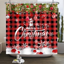 Merry Christmas Shower Curtain Red Black Buffalo Plaid Xmas Snowman Curtains Winter Snowflake Christmas Tree Candy Rustic Farmhouse Decor Waterproof Fabric Bathroom with Hooks 72x72 inch