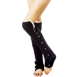 iB-iP Women's knitting button down thermal eyelet lace cuff Mid-Calf Leg Warmers, Size: One Size, Black