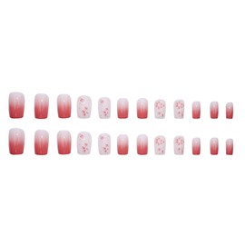 Press on Nails Medium Square Pink Flower False Nails with Design Rose Pink Gradient French Artificial Acrylic Nails Full Cover Glossy Reusable Coffin Fake Nails Glue on Nails for Women 24Pcs