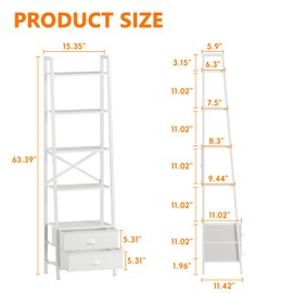 Furologee 5-Tier Ladder Shelf with 2 Drawers,Narrow Bookshelf Storage Shelves,Industrial Bookcase Freestanding Rack Units for Bedroom,Living Room,Bathroom,Home Office,Balcony,Wood Metal, White