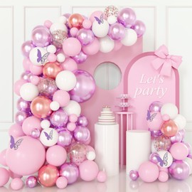 Pink and Purple Balloons, 124pcs Pink White and Rose Gold Balloons Arch Kit Different Size with Butterfly Stickers for Valentines Day, Birthday, Graduation, Anniversary Party Decoration
