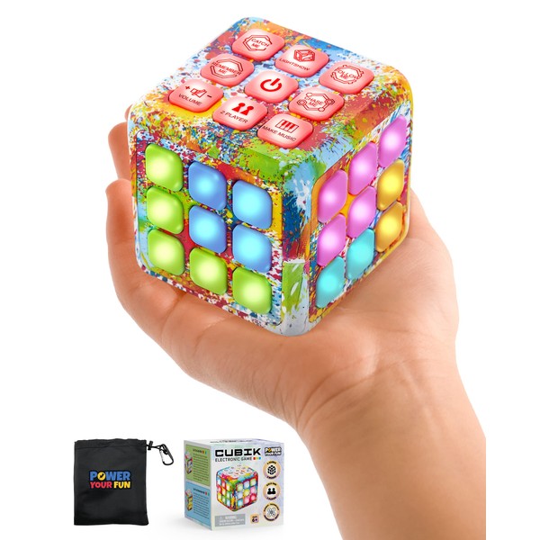 Power Your Fun Cubik LED Flashing Cube Memory Game - Electronic Handheld Game, 5 Brain Memory Games for Kids STEM Sensory Toys Brain Game Puzzle Fidget Light Up Cube Stress Relief Fidget Toy (Tie Dye)