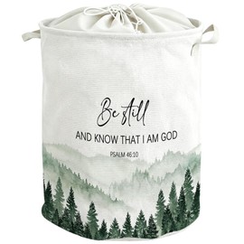 JQF Christian Mountain Forest Laundry Basket, Bible Verse Laundry Basket Hamper, Be Still and Know That I Am God Religious Waterproof Storage Bin Toy Box Organizer for Bedroom Bathroom Clothes Toys