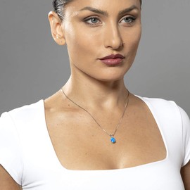 PEORA 14K White Gold Created Blue Opal with Genuine Diamond Pendant, Elegant Solitaire, Oval Shape, 10x8mm, 1 Carat total, October Birthstone Necklace, Fire Opal Necklace, w/Jewelry Box