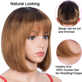 SPOTLIGHT Brown Short Bob Wigs with Bangs for Women Human Hair 130% Density Ombre Brown Short Bob Human Hair Wigs With Bangs (Ombre Brown, TT1B/30 Color)