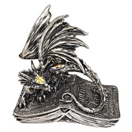 Design Toscano Pendragon Guarding the Codex Dragon Statue, Polyresin, Silver Chrome, 15 cm