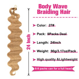 Unionbeauty 9 Packs Body Wave Braiding Hair 24 Inch Pre-Feathered Braiding Hair for Goddess Box Braids Crochet Hair French Curl Wavy Crochet Boho Box Braids Synthetic Hair Extensions for Woman(27#)