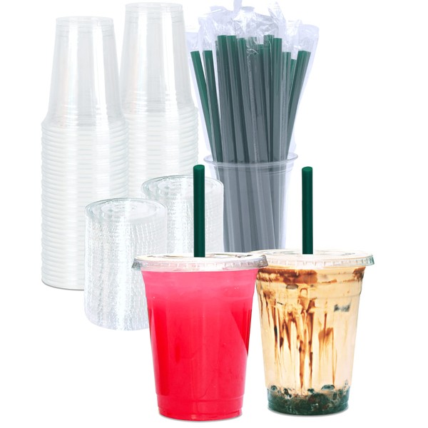Cappatua 16 oz Clear Plastic Cups with Lids and STRAWS,
