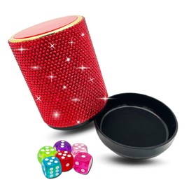 Bling Dice Cup Velvet Felt-Lined Quiet Shaker with Lid Includes 12 Dices Plastic Dice Cup Set for Bar Party Family Yahtzee Farkle Classic Dice Games (Red)