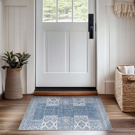 jinchan Area Rug 2x3 Ultra-Thin Door Mat Washable Vintage Boho Geometric Entryway Rug Non-Slip Non-Shedding Carpet for Bathroom Bedroom Laundry Room Blue Ivory