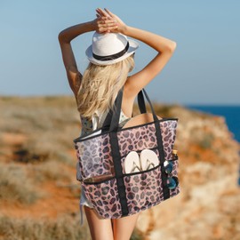 F-color Mesh Beach Bag for Women-Oversized Beach Tote 9 Pockets Beach Towel Bag, Leopard Print