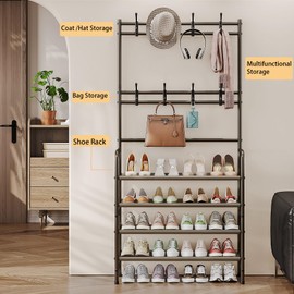 YIZAIJIA 4 Tier Coat and Shoe Rack Entryway Coat Rack with 8 Hooks Shoes Organizer for Living Room Bedroom Office Brown