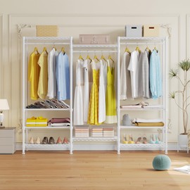 Higeego H12 Heavy Duty Clothes Rack with Adjustable 5-Tier Shoe Rack, Metal Clothing Racks for Hanging Clothes, Freestanding Shoe Organizer Large Garment Racks, 15.7" D x 68.7" W x 76.4" H, White