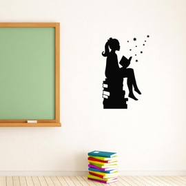 Vinyl Wall Decal Girl Reading Book Stars Library Bookworm Stickers Mural Large Decor (g7673) Black (XL 45 in X 70 in)