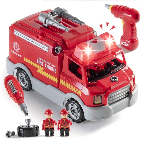 PREXTEX Take Apart Toy with Working Drill for Boys & Girls, Build Your Own Fire Truck Toy Educational Playset with Tools and Power Drill, DIY Assembly Truck with Realistic Sounds & Lights